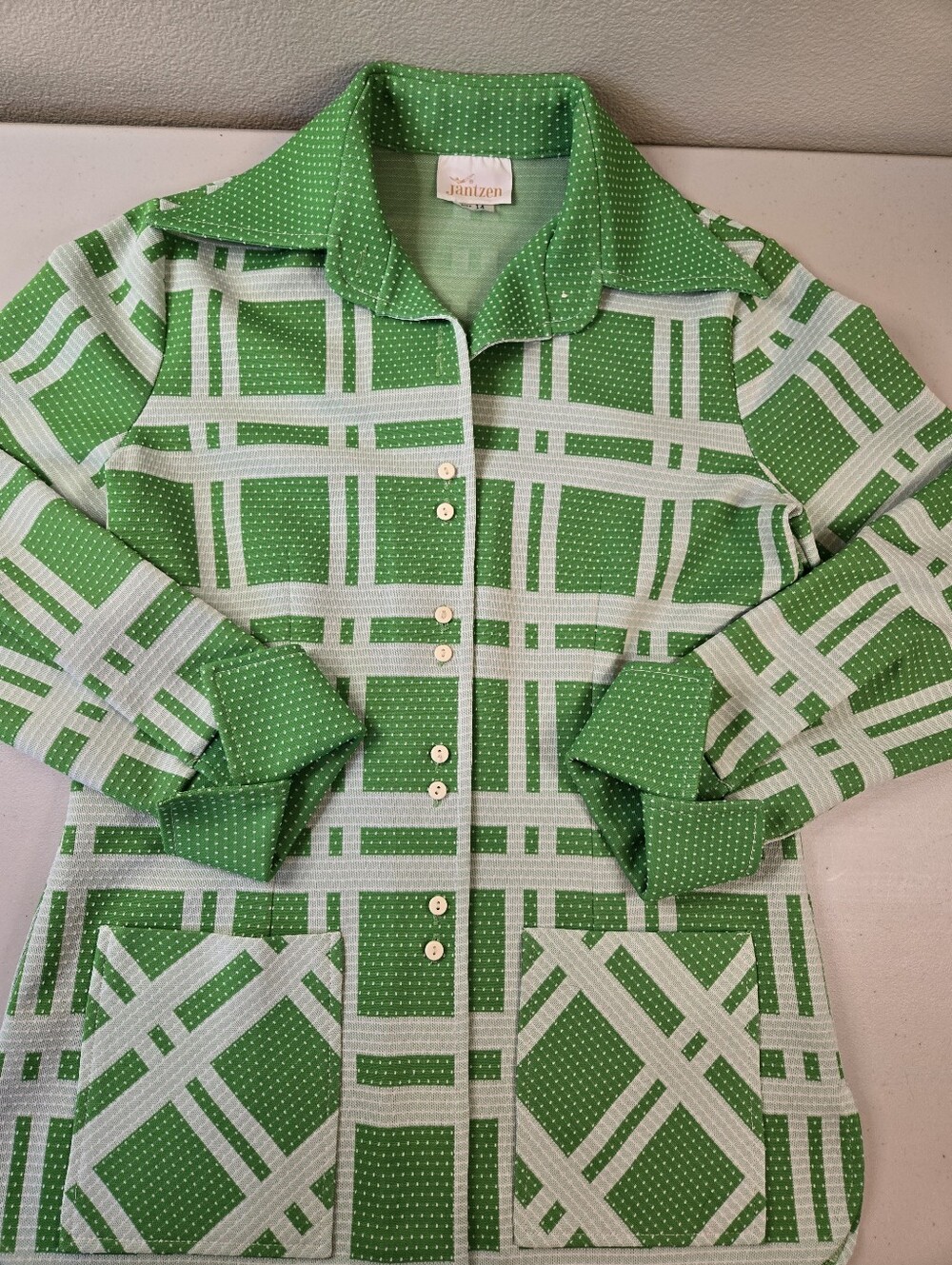 Vintage 70s Jantzen Green Mod Geometric 2 Piece Leisure Suit Size 14 - Picture 3 of 16